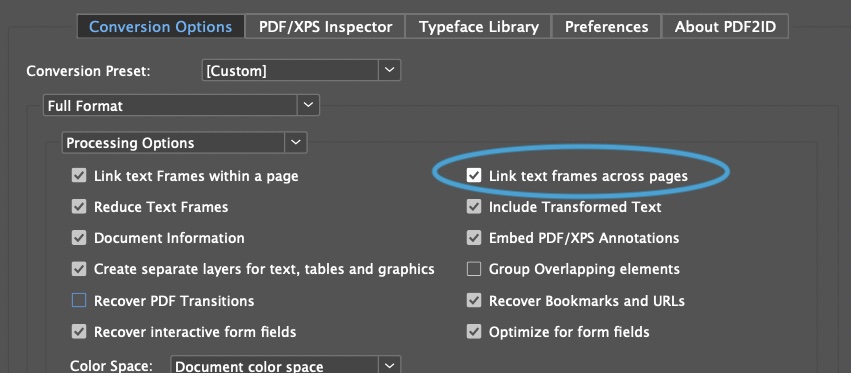 Link text frames across pages in InDesign using PDF2ID