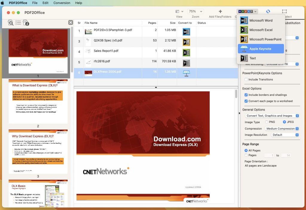 The PDF2Office interface allows anyone to convert PDF files with a click of the mouse
